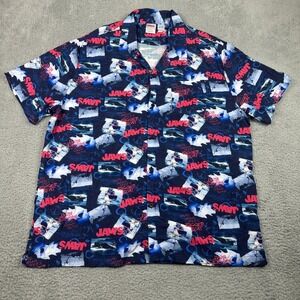 Jaws Movie All Over Shirt Mens XXL Blue Rayon Short Sleeve Bigger Boat Botton Up